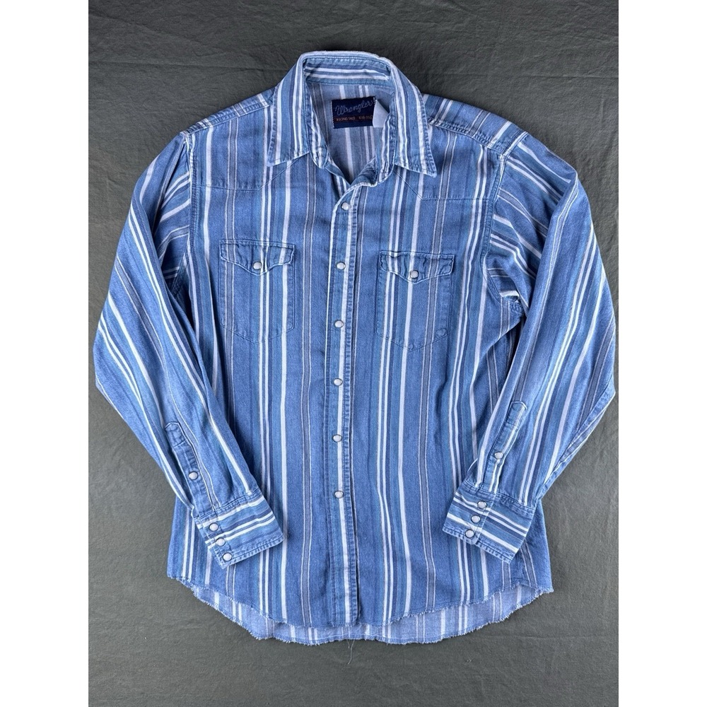 Vintage Wrangler Western Pearl Snap Shirt Blue Stripe XL Long Tail USA